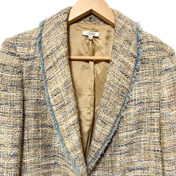 Cache Brown Blue tweed Blazer Jackets Frayed Trim Womens Size 10 - Picture 5 of 14